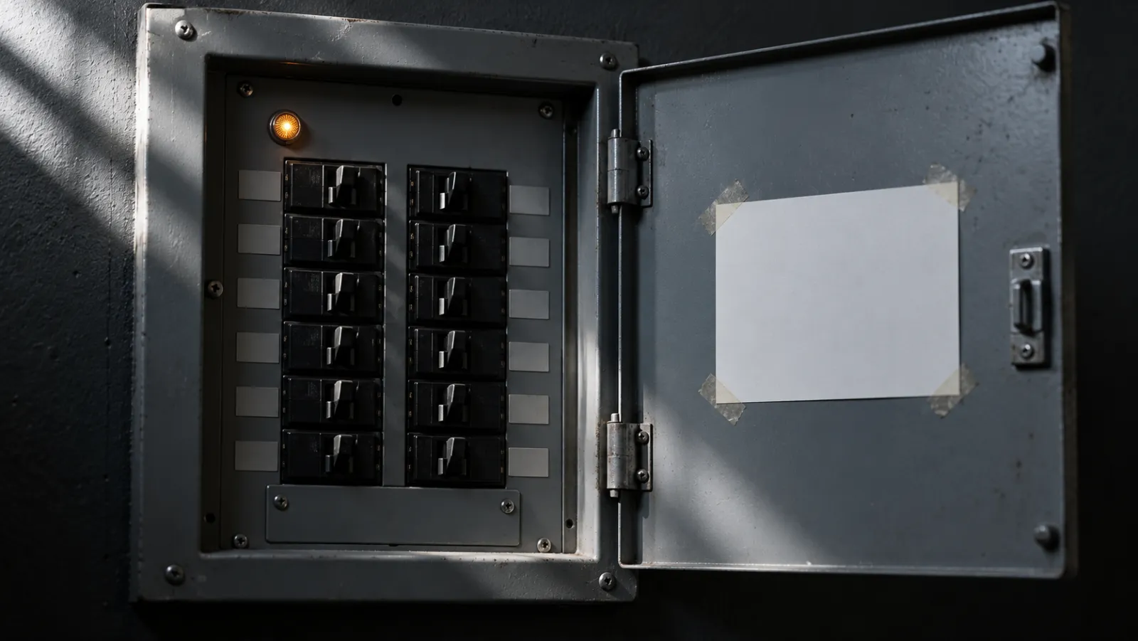 Illustrative close view of an open steel breaker panel and its door
